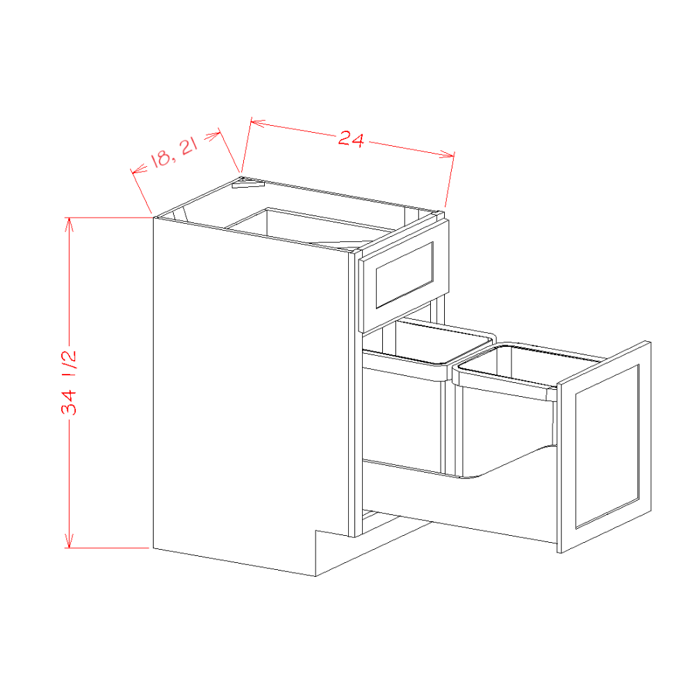 Highland Series Single Door Single Drawer Base Cabinet Kit with Double Trashcan Pullout in 18" and 21" Wide