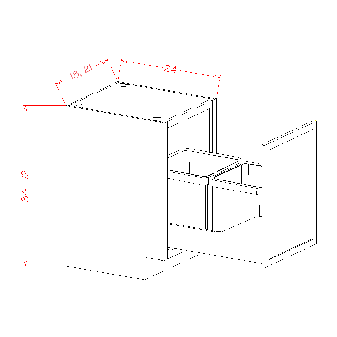 Highland Series Single Full Height Door Base Cabinet Kit with Double Trashcan Pullout in 18" or 21" Wide