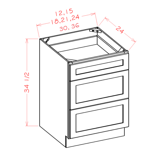 Highland Series Three Drawer Base Cabinet in 12", 15", 18", 21", 24", 30" or 36" Wide
