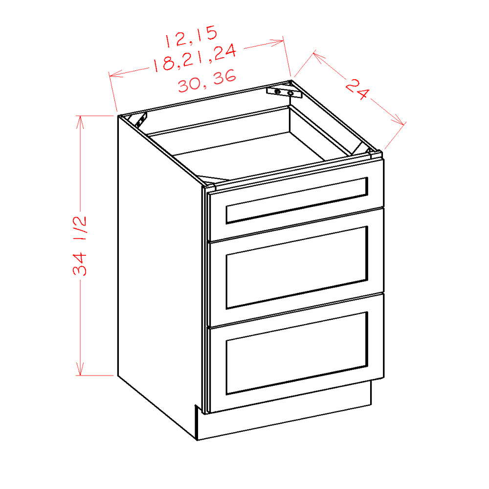 Highland Series Three Drawer Base Cabinet in 12", 15", 18", 21", 24", 30" or 36" Wide