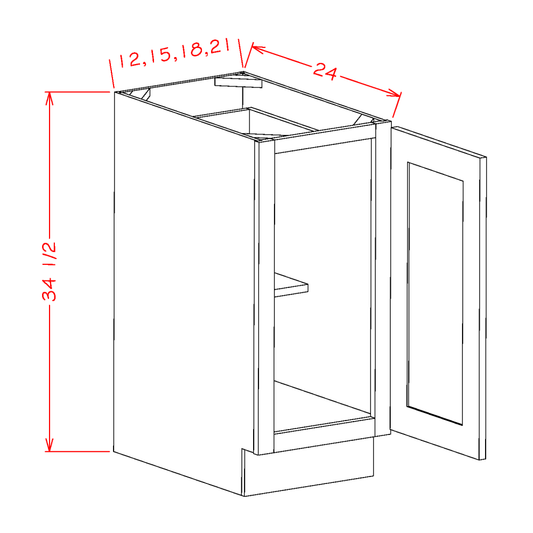 Highland Series Single Door Full Height Base Cabinet in 12", 15", 18" or 21" Wide