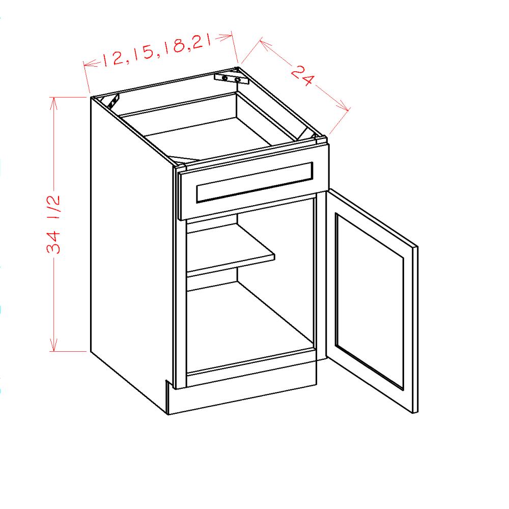 Highland Series Single Door Single Drawer Base Cabinet in 12", 15", 18" or 21" Wide