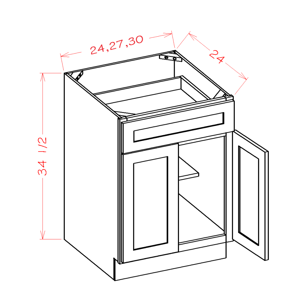 Highland Series Double Door Single Drawer Base Cabinet in 24", 27" or 30" Wide