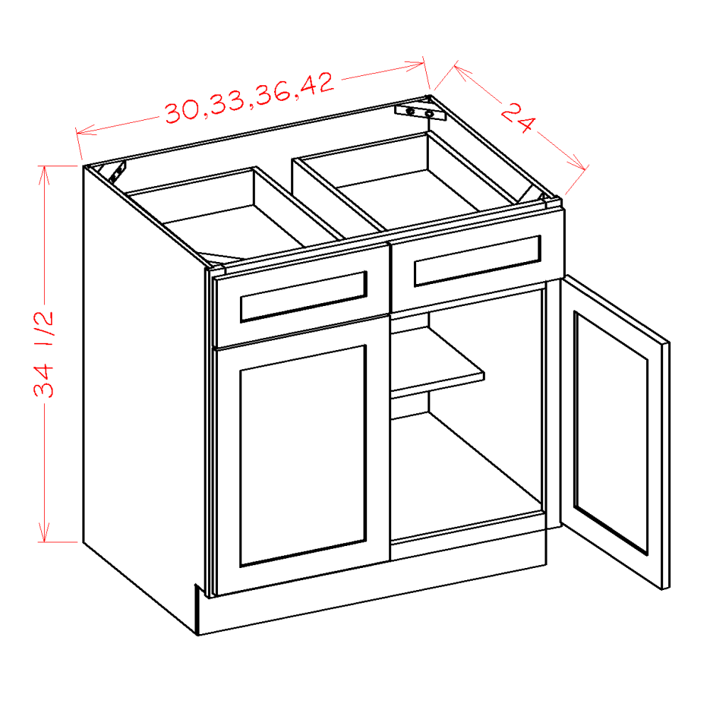 Highland Series Double Door Double Drawer Base Cabinet in 33", 36" or 42" Wide