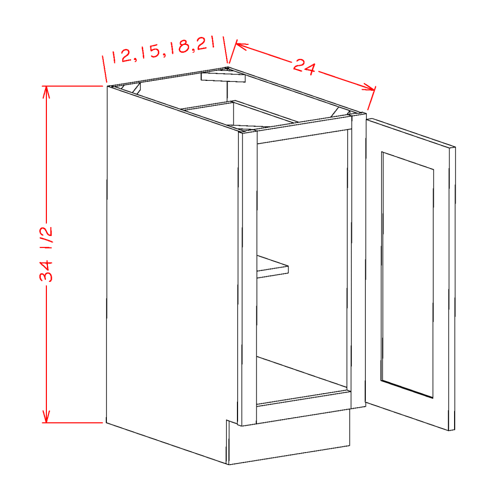 Highland Series Single Door Full Height Base Cabinet in 12", 15", 18" or 21" Wide