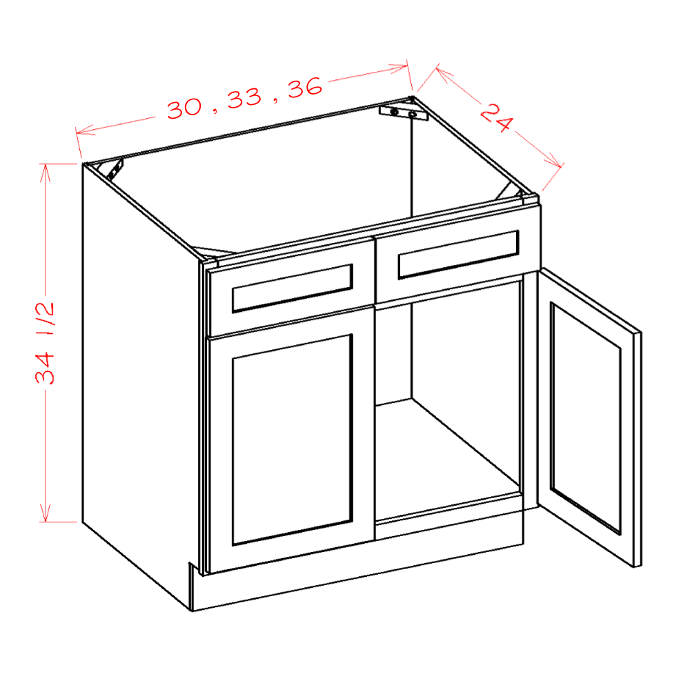 Highland Series Sink Base Double False Drawer Front Base Cabinet in 33" or 36" Wide